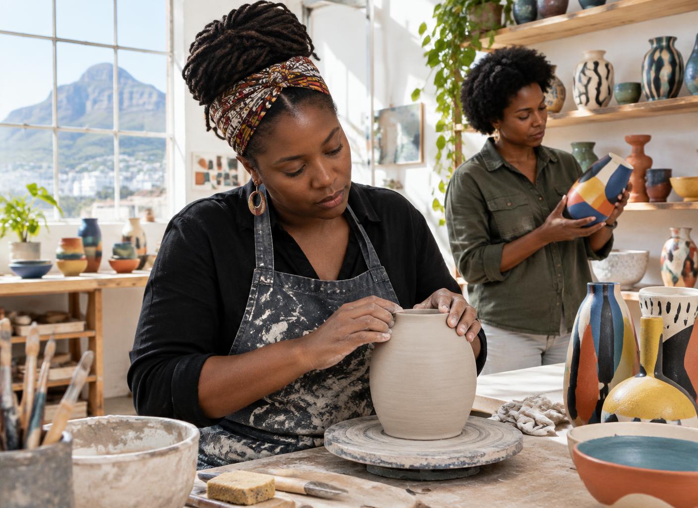 AI-generated illustration of ceramic makers at work in a Cape Town studio