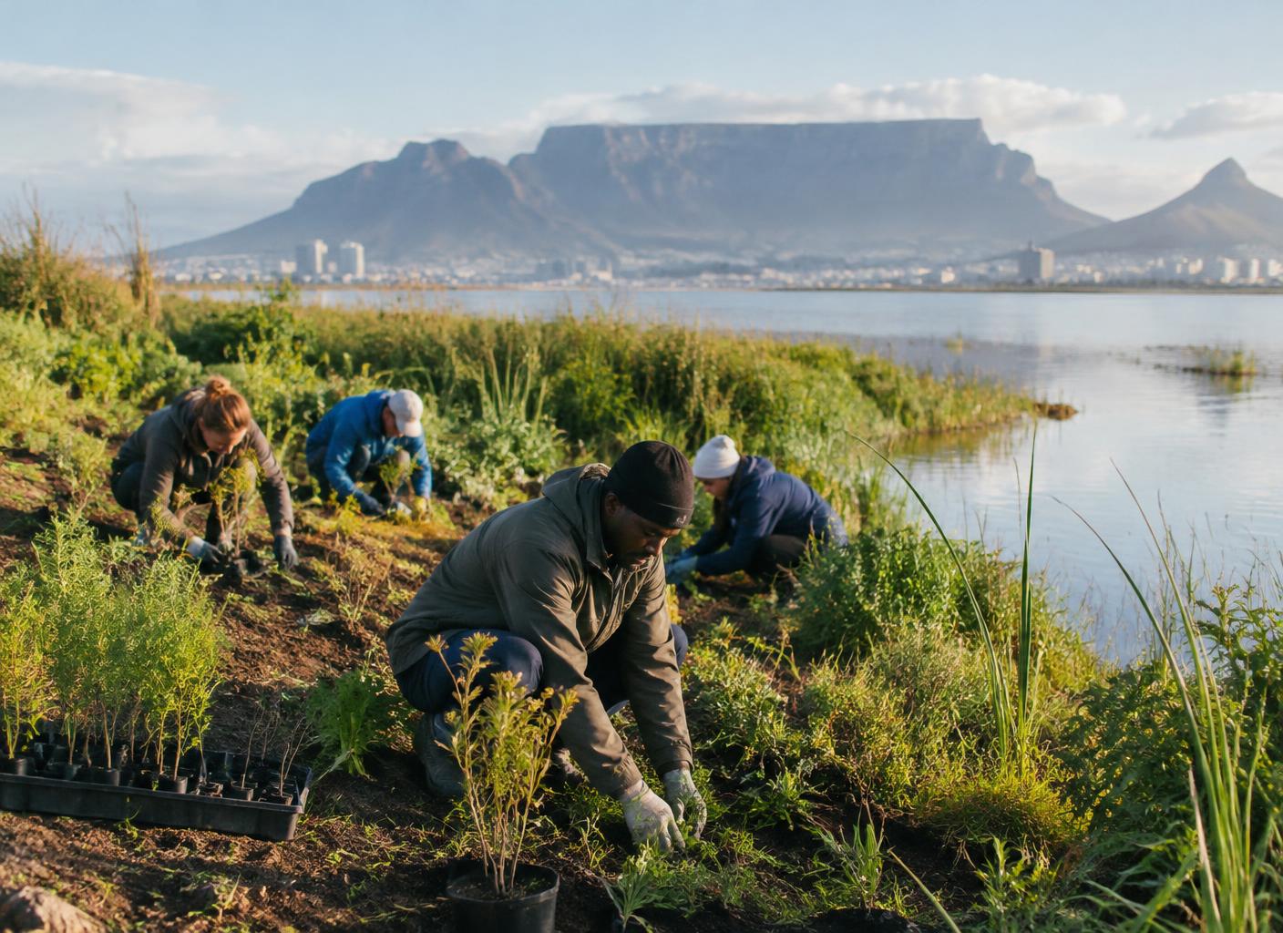 AI-generated illustration of people planting indigenous plants on a wetland edge in Cape Town