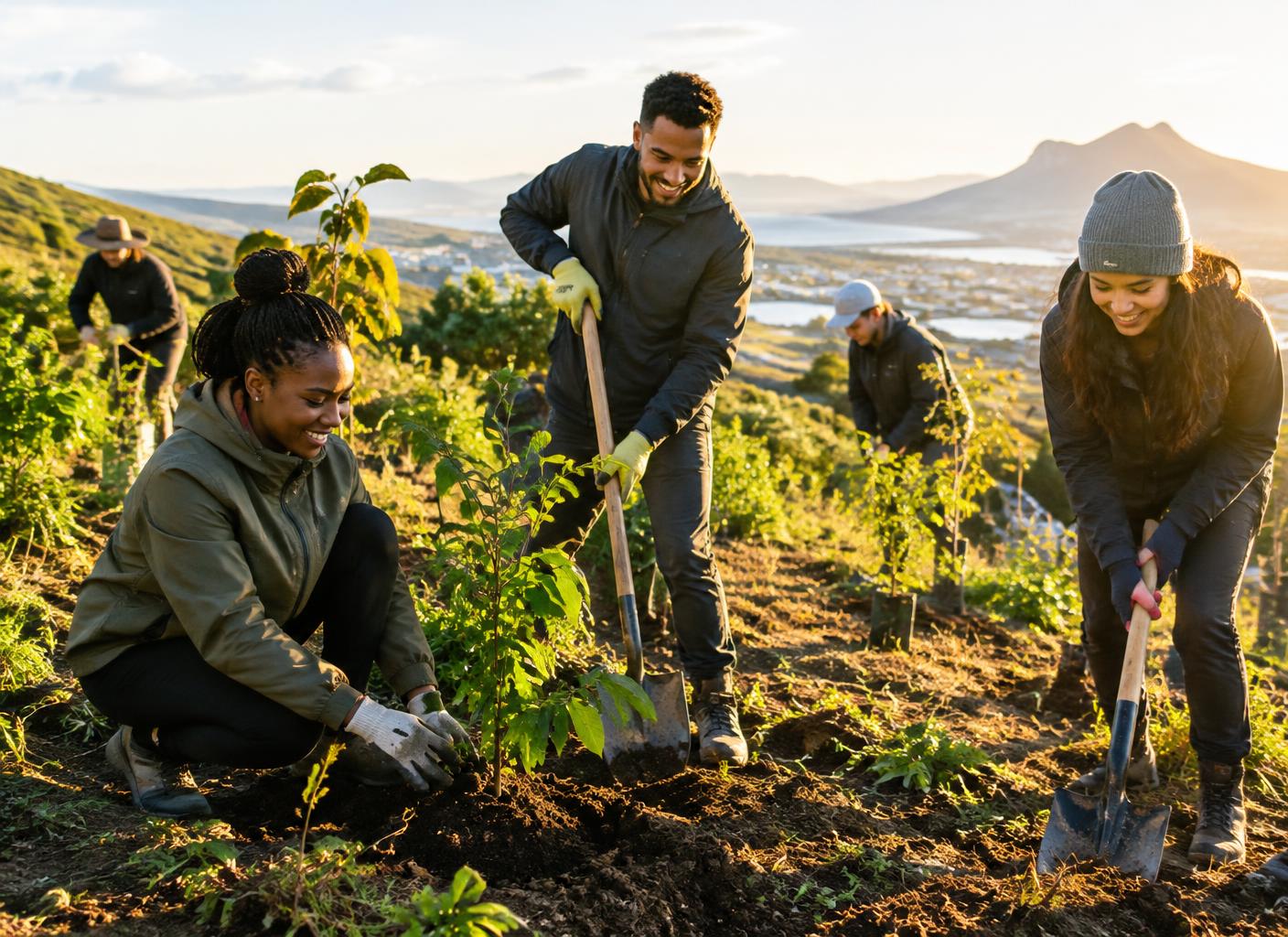 AI-generated illustration of a group planting trees together on a Western Cape hillside