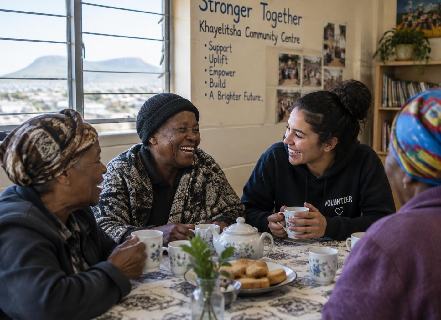 AI-generated illustration of older women and a volunteer laughing over tea at a community centre