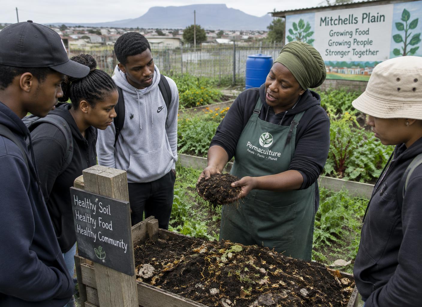 AI-generated illustration of a trainer showing compost to young adults in a Mitchells Plain food garden