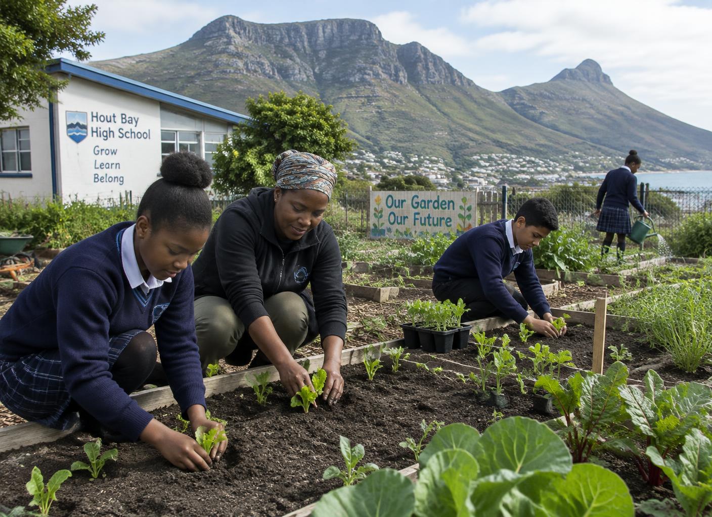 AI-generated illustration of learners and a gardener planting seedlings in a Hout Bay school garden