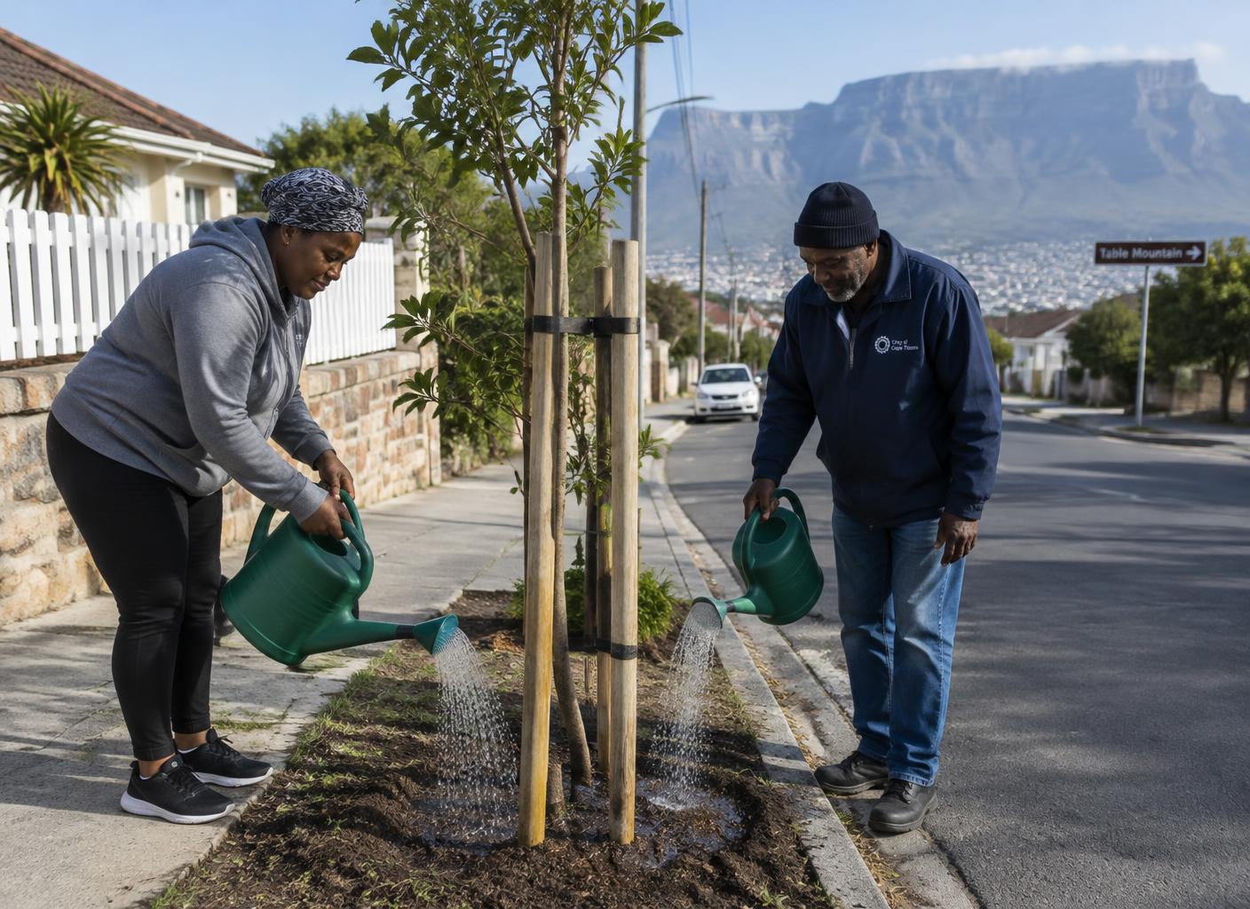 AI-generated illustration of residents watering a newly planted street tree with Table Mountain behind