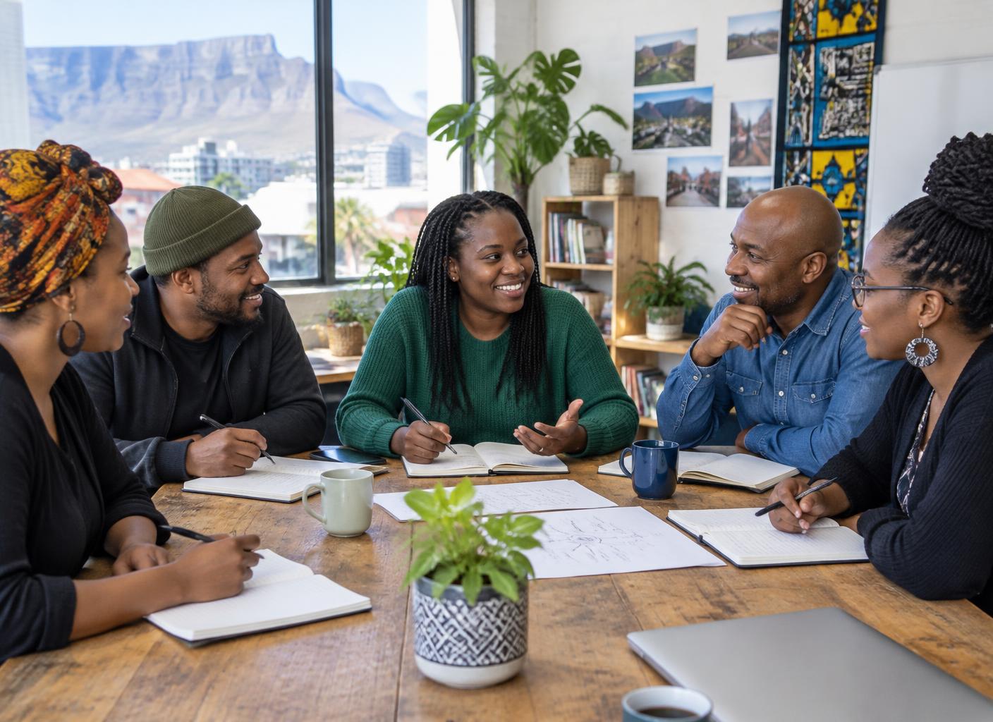 AI-generated illustration of Cape Town community organizers sharing ideas
